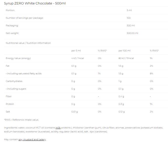 Sirop Zero - Ciocolata alba - 500 ml