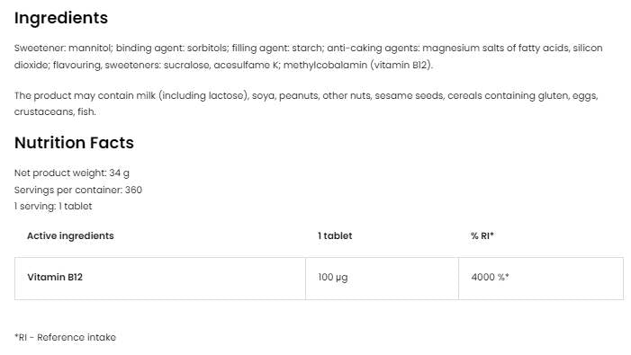 Vitamina B12 Metilcobalamina | Pastile 360 Comprimate sublinguale