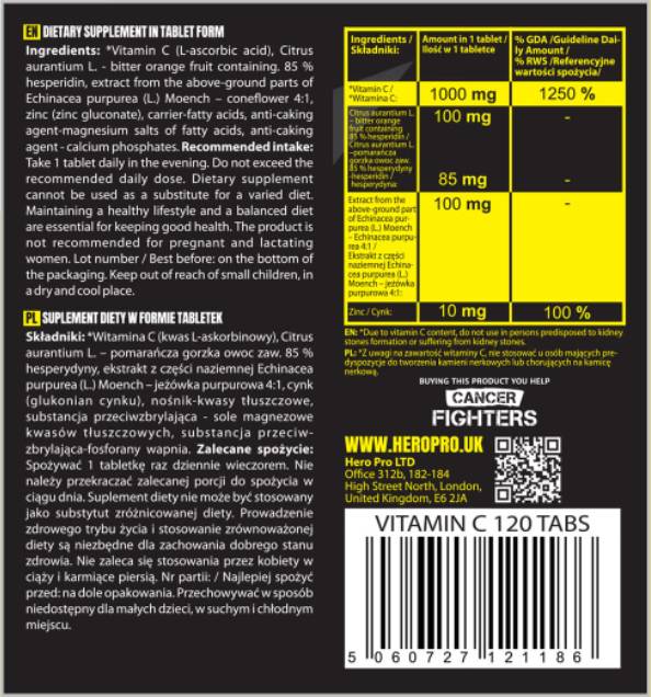 Vitamina C 1000 mg + Bioflavonoide | cu Echinaceea + Zinc - 120 Tablete