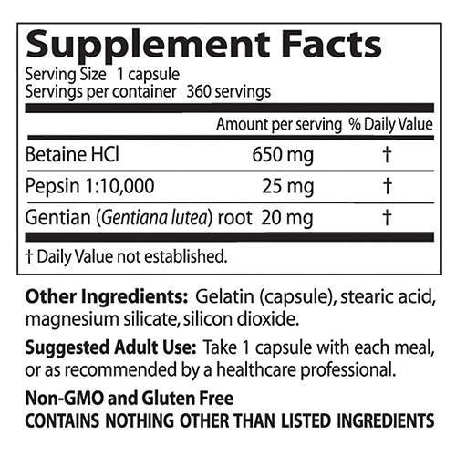 BEST Betaine HCL 650 mg / cu pepsină și bitter de gențiană - 360 capsule