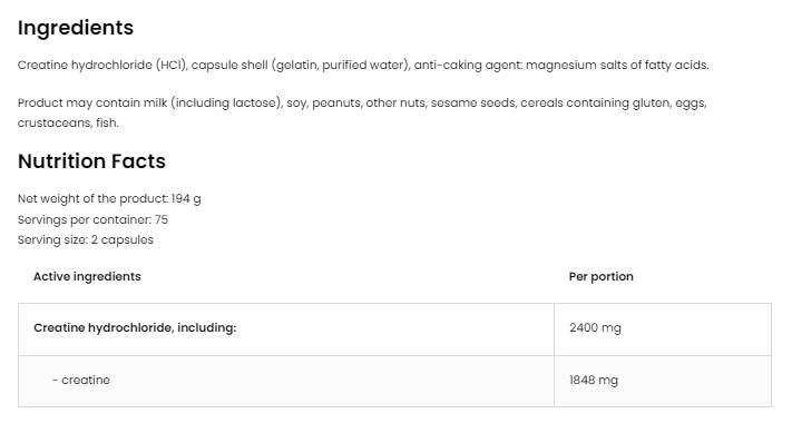 Creatina HCL 2400 / Clorhidrat de creatină - 300 капсули