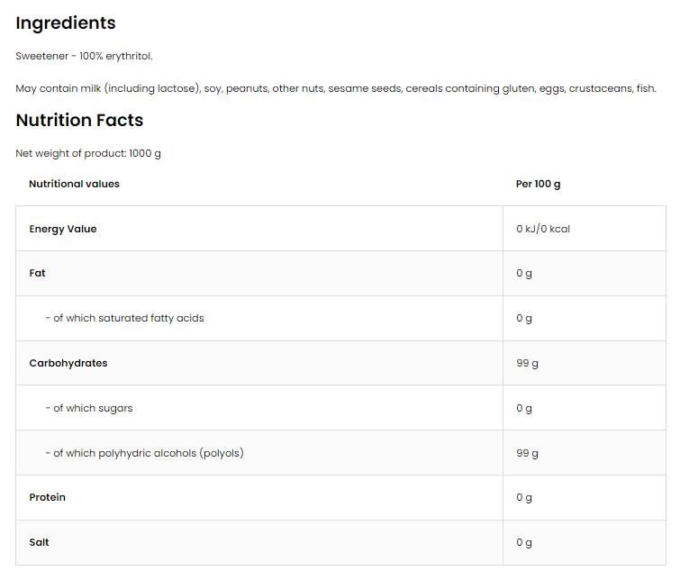Eritritol / Zahăr fără zahăr - 1000 de grame