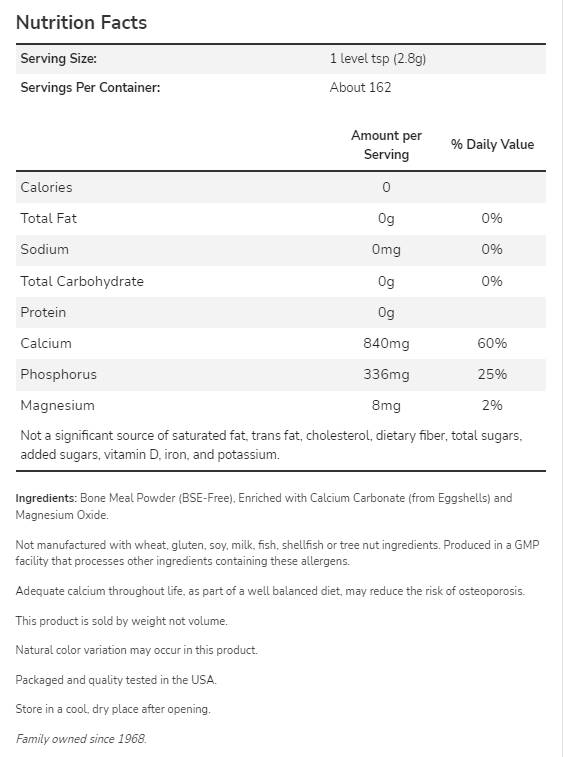 Pulbere de făină de oase | Sursă excelentă de calciu - 454 grame
