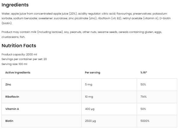 Biotina & Vitamina A & Zinc & Vitamina B2 Shot - 100 ml