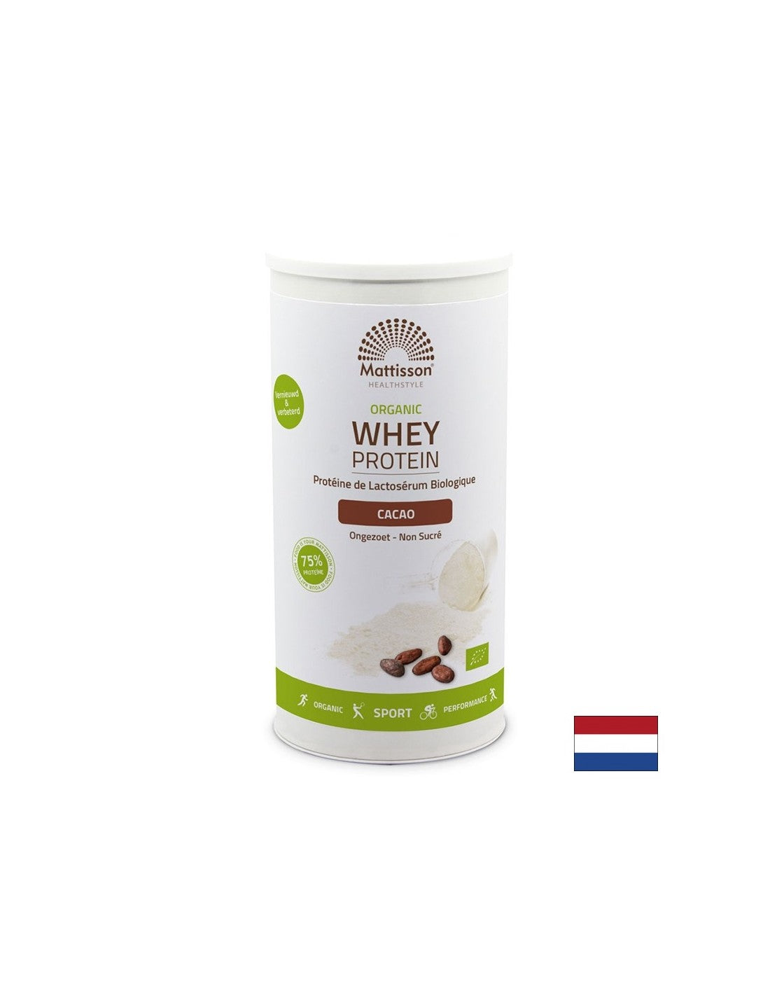 Proteine din zer organic, 450 g pudră (aromă de cacao)