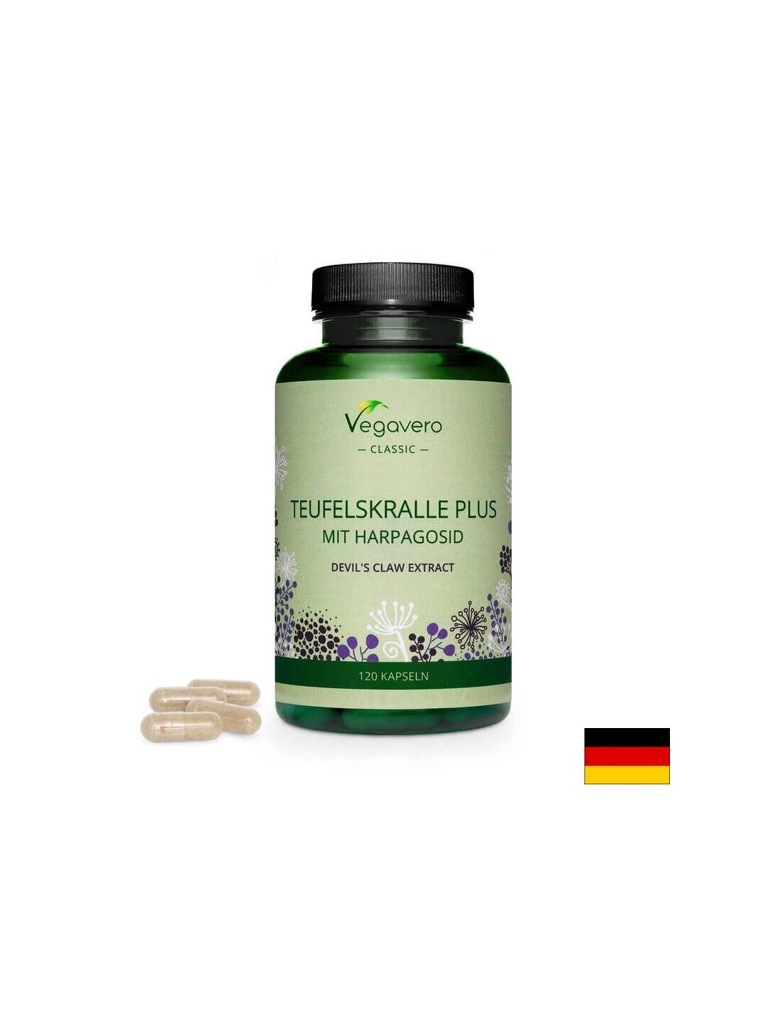 Teufelskralle Plus Mit Harpagosid/ Formula pe bază de plante cu gheara diavolului, salcie albă și ghimbir, 120 capsule, 100% Vegan Vegavero