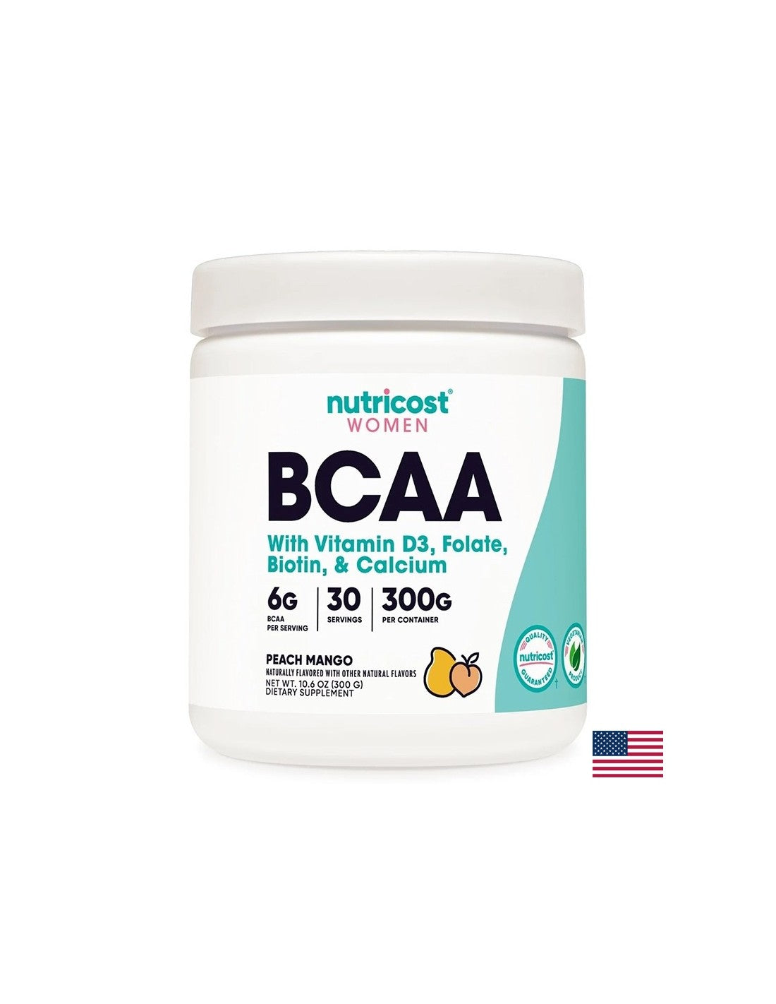 Aminoacizi cu lanț ramificat BCAA + vitamina D3, acid folic, biotină, calciu (pentru femei), 300 g pudră cu aromă de mango