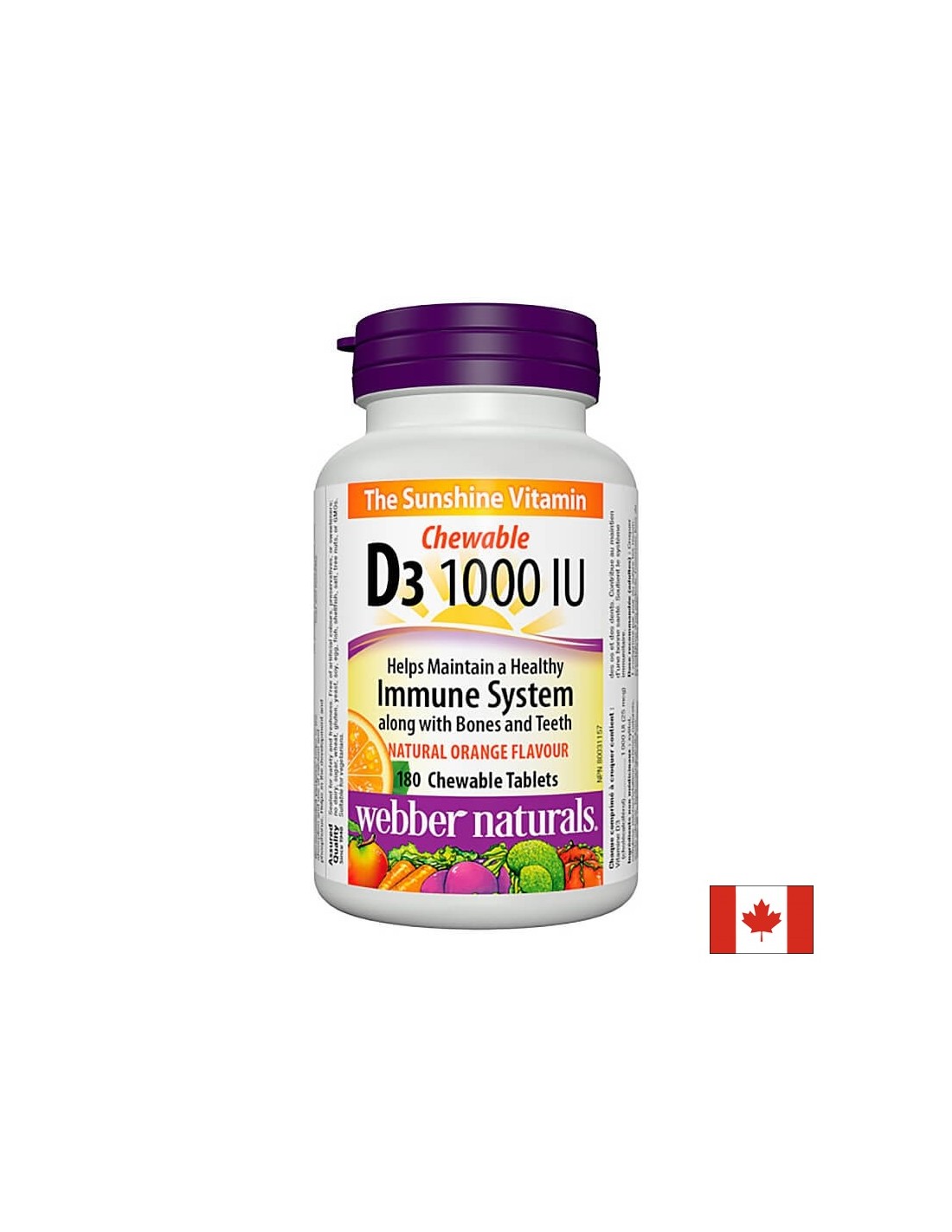 Oasele și dinții sănătoși - Vitamina D3 1000 UI, 180 de tablete masticabile Webber Naturals