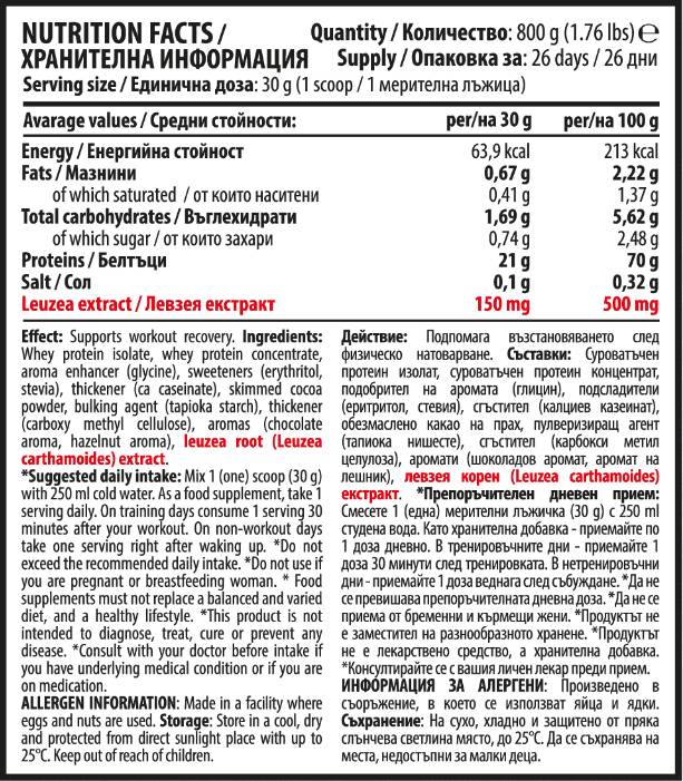 Matrice 100% izolată de proteine ​​din zer cu Levzea | Ciocolată și alune - 800 de grame