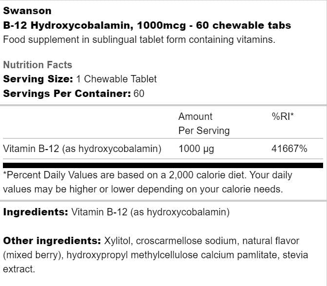 B-12 Hidroxicobalamină 1000 mcg 60 tablete masticabile