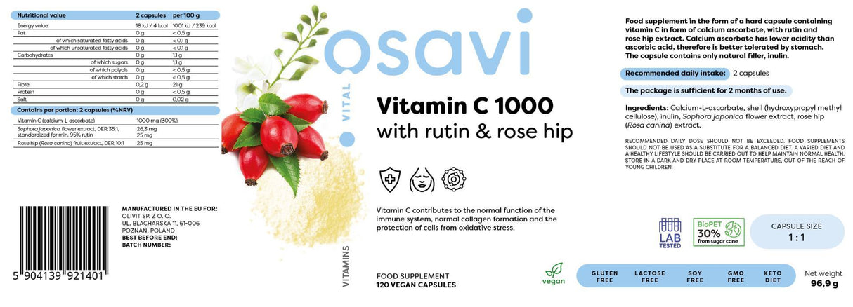 Vitamina C 1000 | cu Rutin &amp; Rose Hip - 180 capsule