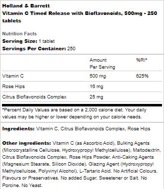 Vitamina C cu eliberare temporizată 500 mg | Cu bioflavonoide - 250 tablete