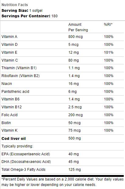 Ulei de ficat de cod 500mg | Cu Multi Vitamine - 180 capsule de gel