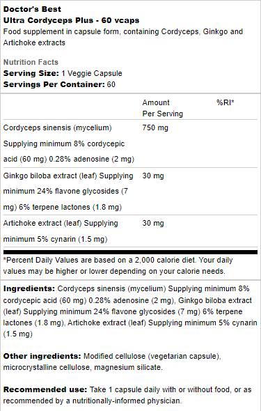 Ultra Cordyceps Plus | Cu Anghinare &amp; Ginkgo Biloba - 60 capsule