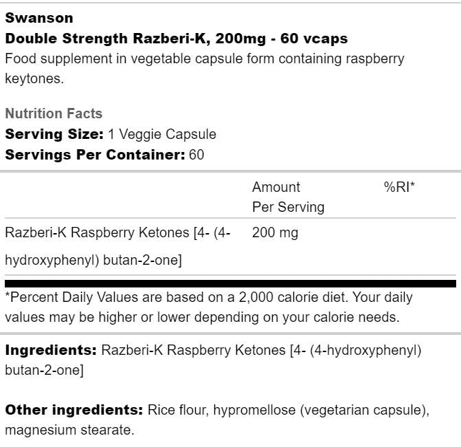 Razberi - K 200 mg | Cetone de zmeură cu dublă putere - 60 capsule