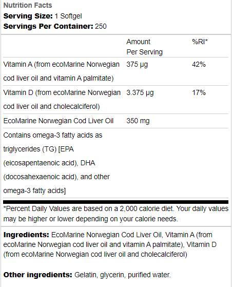 Ulei de ficat de cod norvegian 350 mg 250 capsule de gel