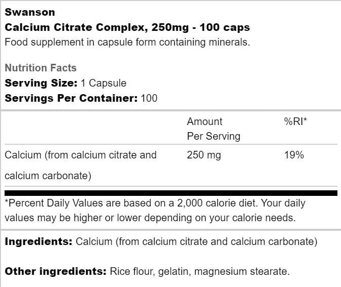 Complex Citrat de Calciu 250 mg - 100 capsule