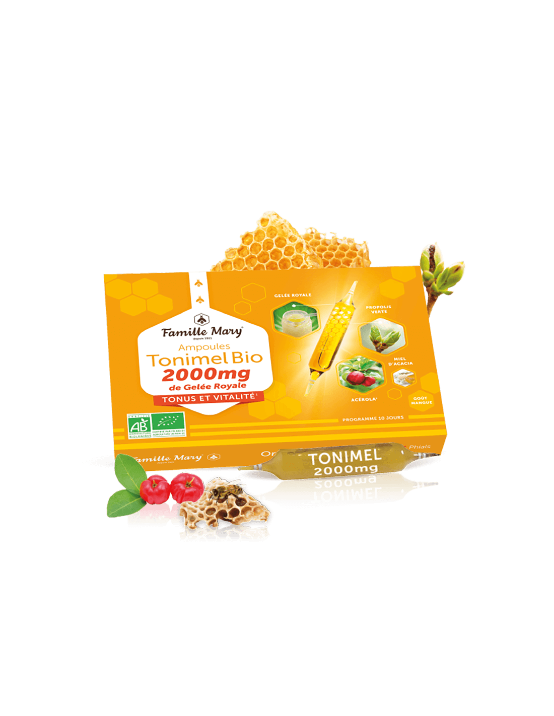 Fiole pentru tonus, energie și imunitate (cu lăptișor de matcă 2000 mg), BIO, 10 fiole de băut, aromă de portocale