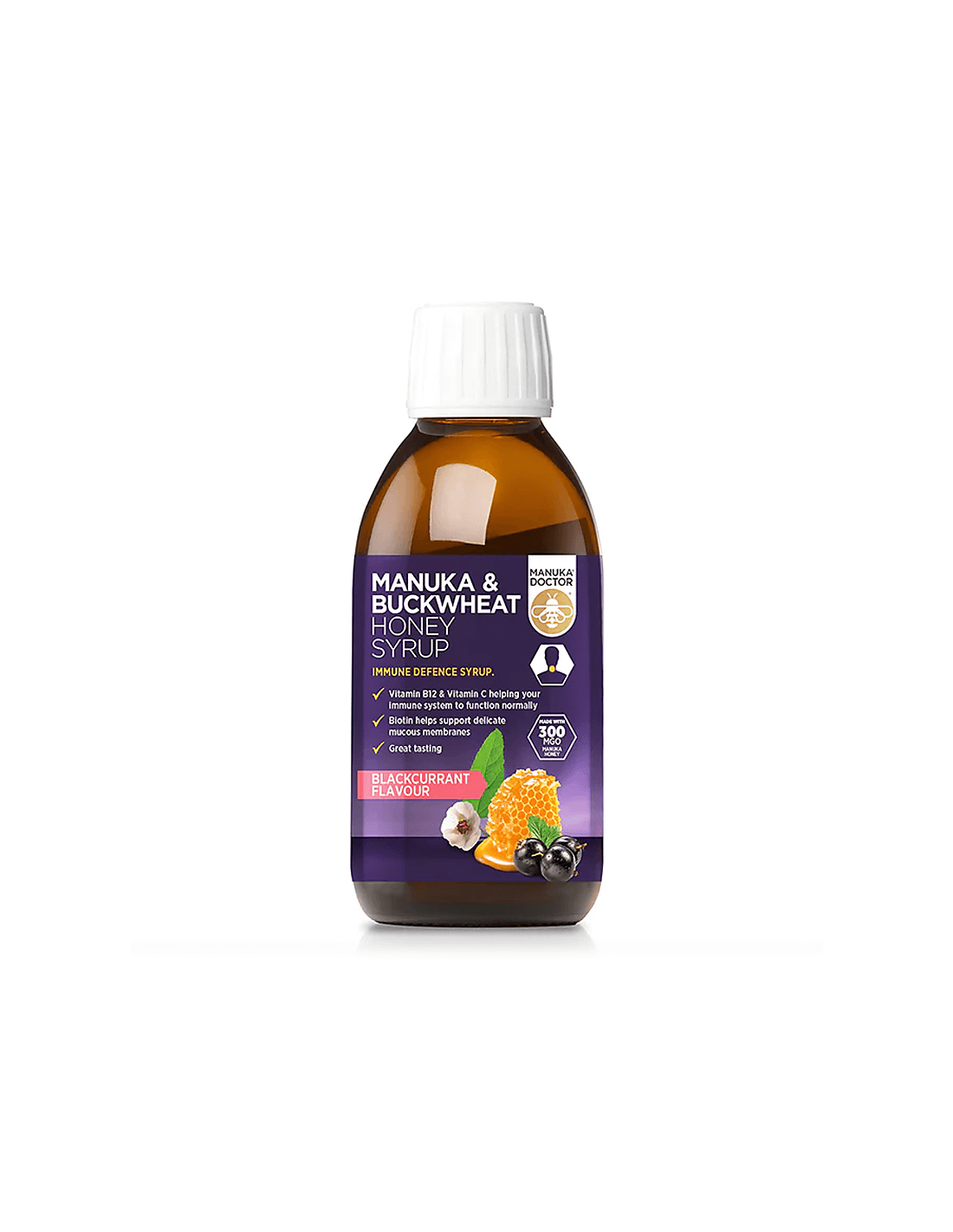 Imunitate - Sirop cu miere de manuka (300 MGO) si hrisca, 200 ml sirop, aroma de coacaze negre
