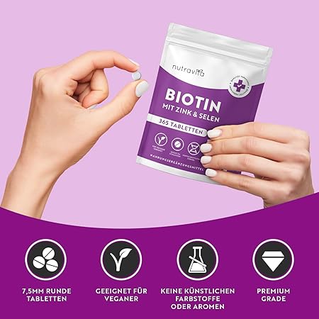 Biotină + Seleniu + Zinc tablete pentru piele, păr și unghii – 365 tablete vegane timp de 1 an Nutravita