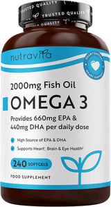 Omega 3 2000 mg /EPA 660 mg, DHA 440 mg/ Ulei de pește pur /240 capsule, 120 doze/ Nutravita