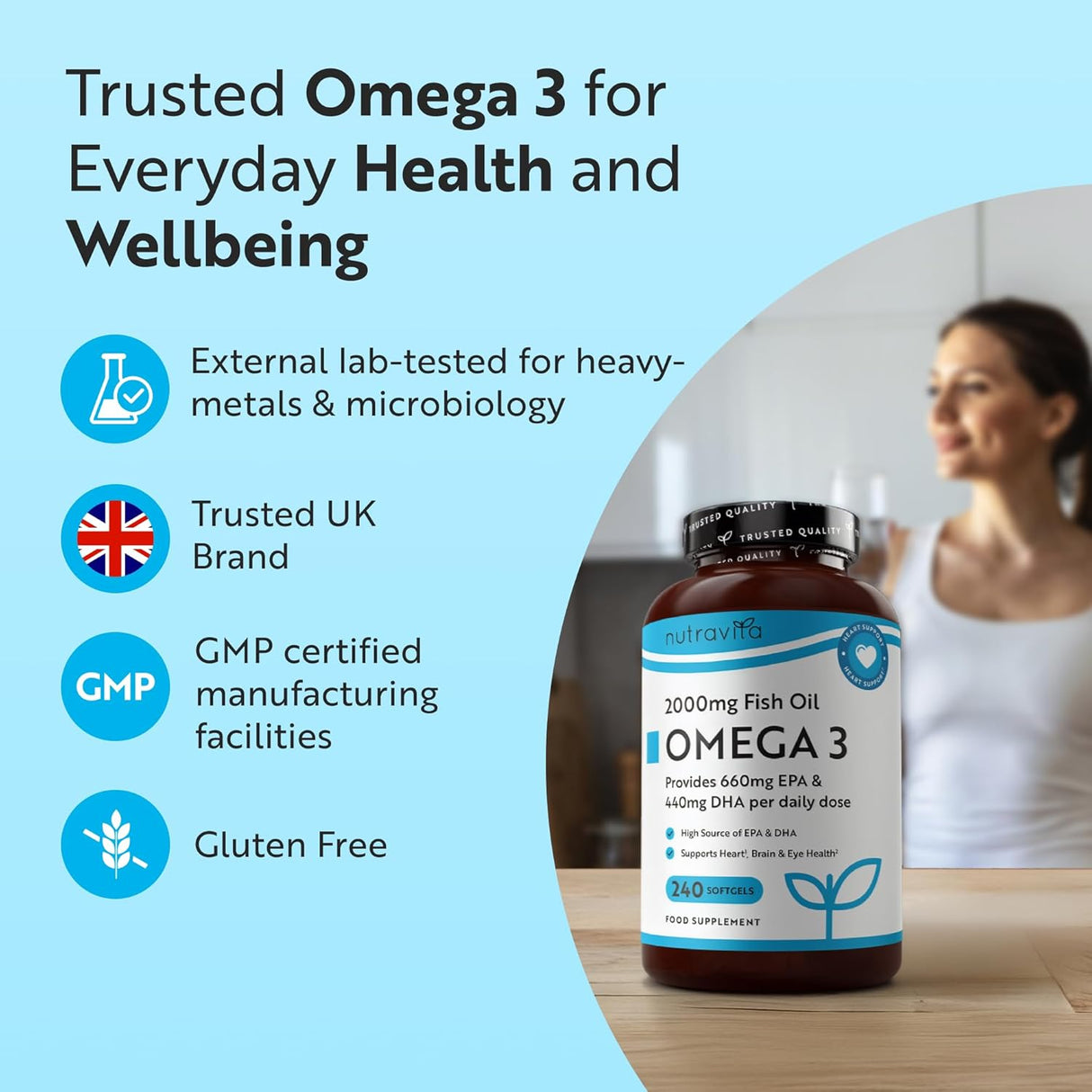 Omega 3 2000 mg /EPA 660 mg, DHA 440 mg/ Ulei de pește pur /240 capsule, 120 doze/ Nutravita