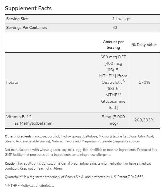 Metil B-12 5000 mcg | cu acid folic Quatrefolic® - 60 comprimate sublinguale