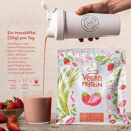 Căpșuni cu pulbere de proteine ​​vegane - 600 g fabricate în Germania - Alpha Foods