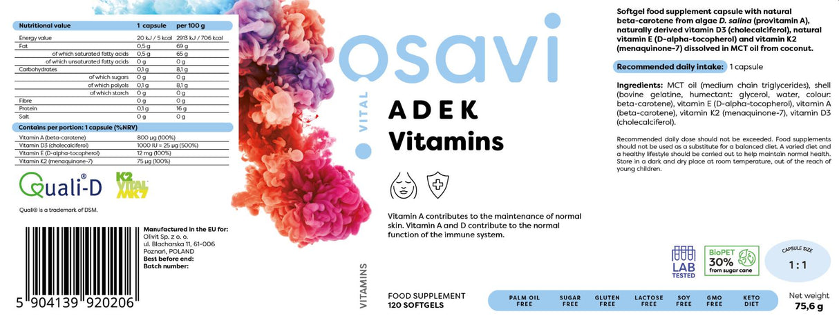 ADEK Vitamine | A + D + E + K | cu Quali-D® - 120 capsule de gel