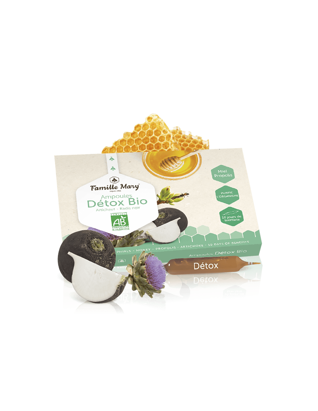 Fiole Détox Bio Artichaut-Radis noir / Detox bio cu anghinare, nap negru, miere și propolis / 10 fiole Famille Mary
