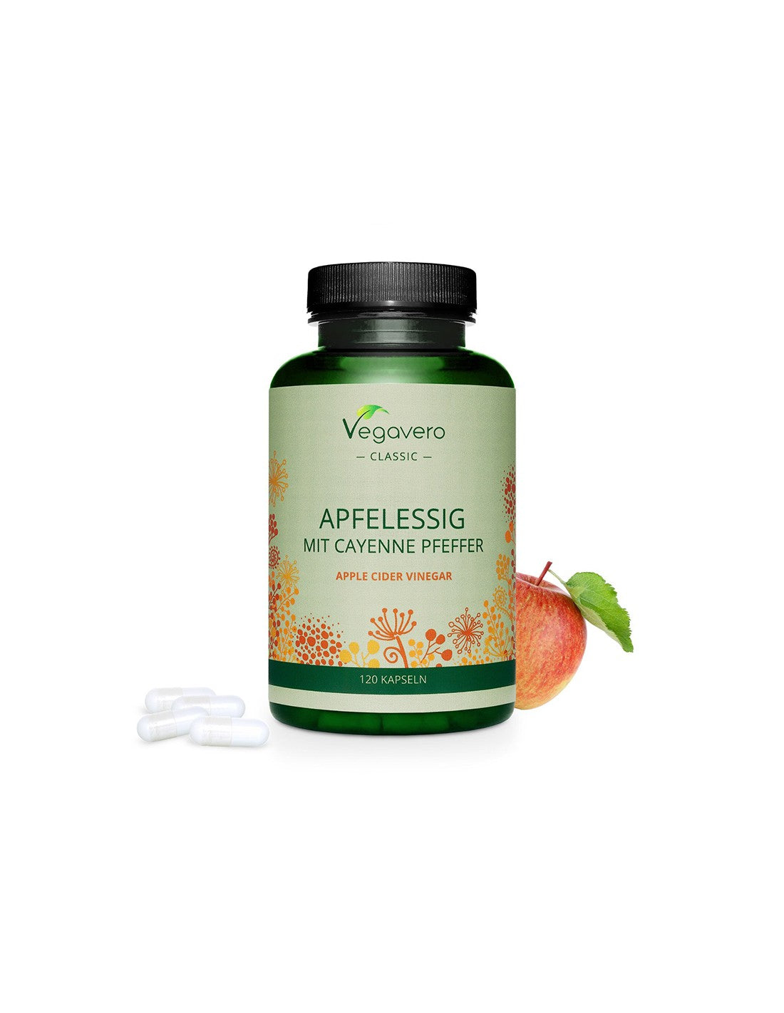 Apfelssig mit Cayenne Pfeffer - Oțet de mere + ardei roșu iute, 120 capsule Vegavero
