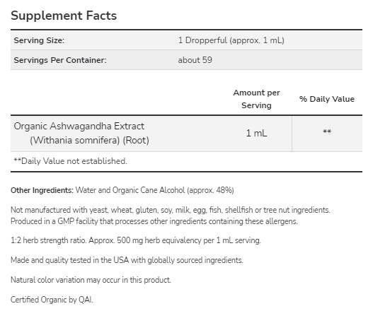 Ashwagandha Extract Lichid | Organic certificat - 59 ml