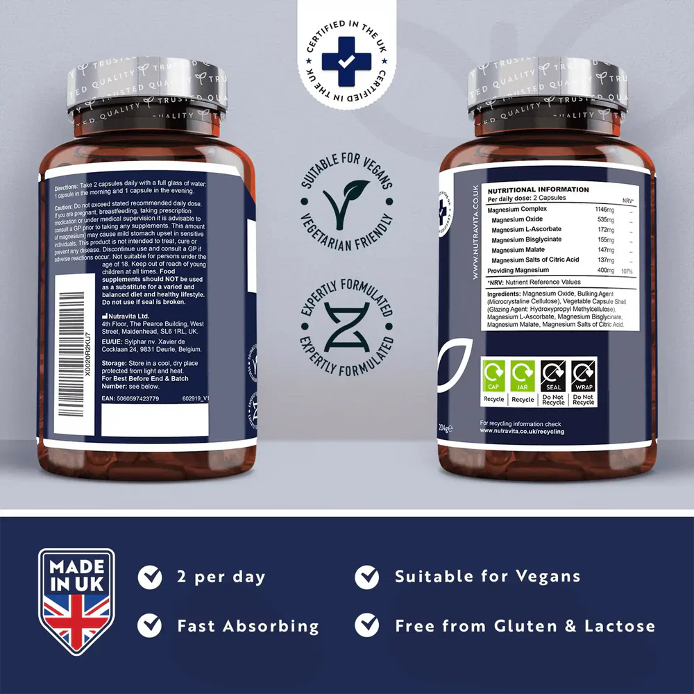 Complex de magneziu – 240 capsule cu concentratie mare – Vegan – Nutravita