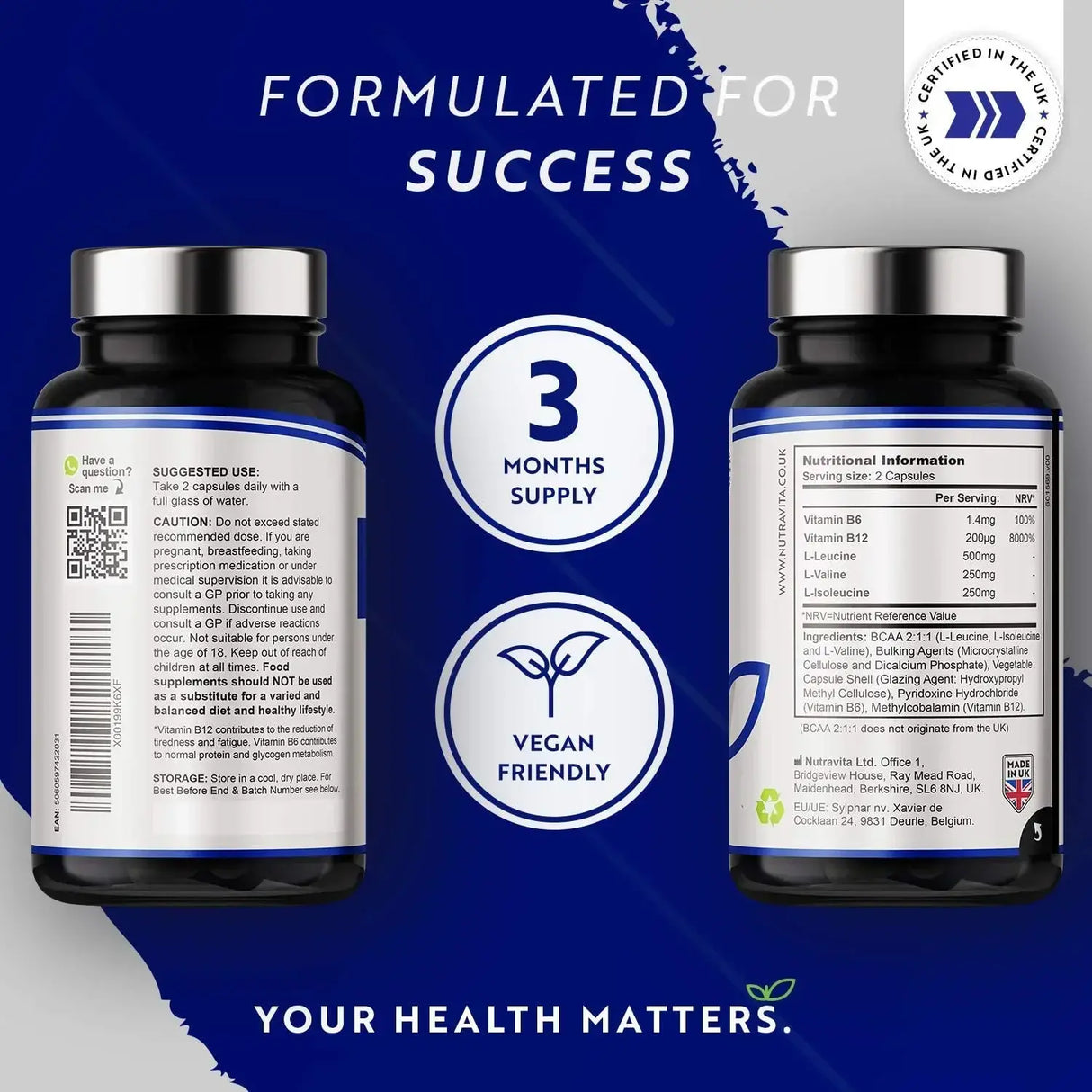 BCAA (2:1:1) cu vitamine B6 și B12 - 180 Vcaps. Nutravita
