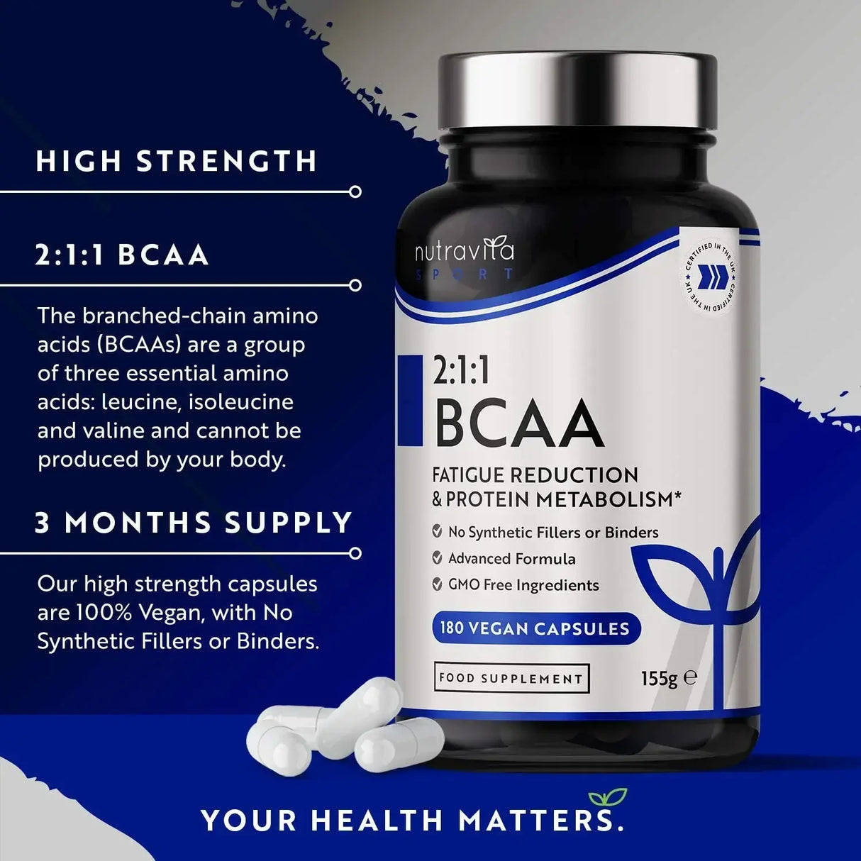 BCAA (2:1:1) cu vitamine B6 și B12 - 180 Vcaps. Nutravita