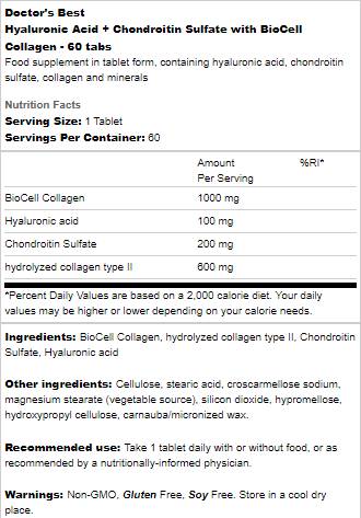 BEST Acid Hialuronic + Sulfat de Condroitină / cu Colagen BioCell - 60 Tablete