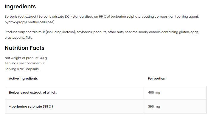 Sulfat de berberină 396 mg | Extract de rădăcină Berberis 99% 60 capsule