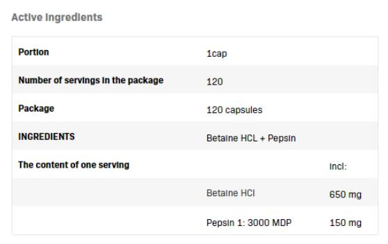 Betaine Hcl 650 mg + Pepsina - 120 capsule