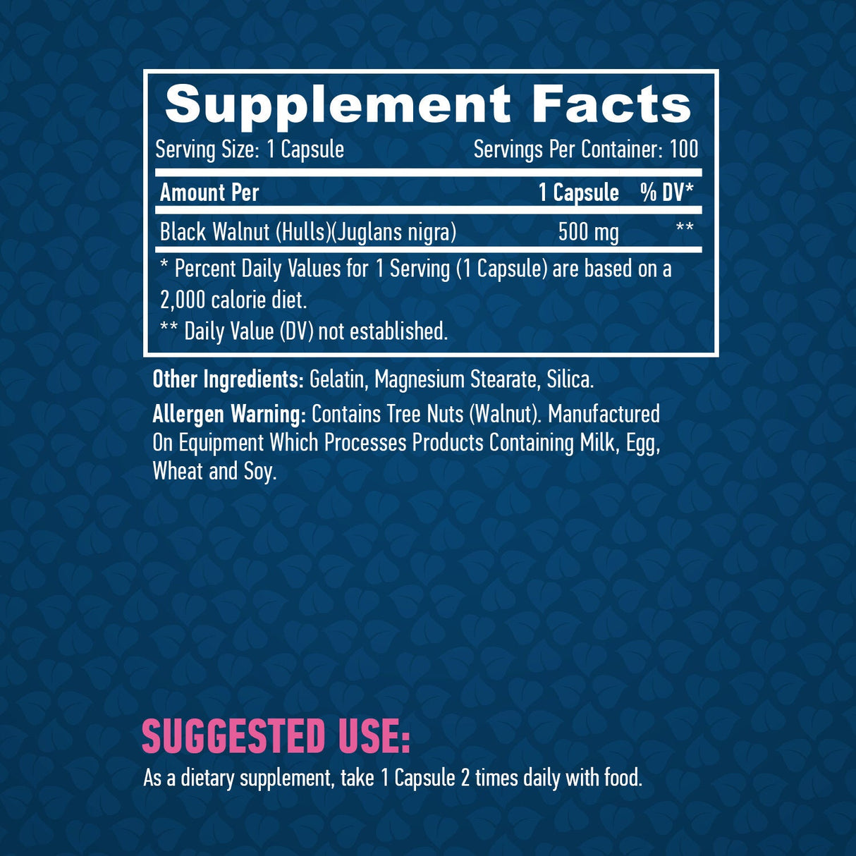 Coji de nucă neagră 500 mg. / 100 de capsule.