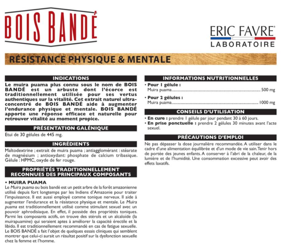 Bois Bande - Muira Puama | Resistance Physique &amp; Mentale - 30 capsule