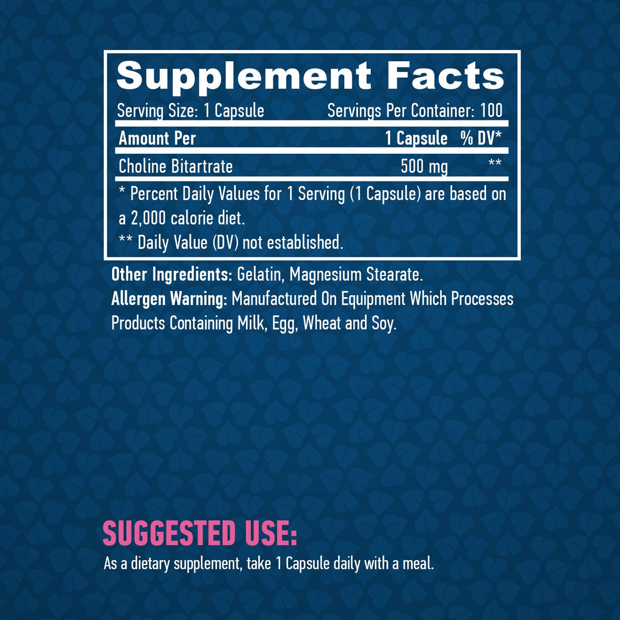 Bitartrat de colină 500 mg / 100 capsule.