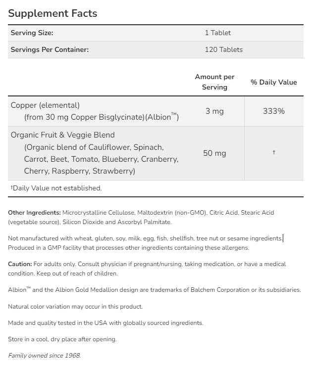 Glicinat de cupru 3 mg | Bisglicinat de cupru Albion™ - 120 tablete