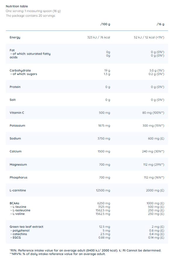 Pulbere de electroliți | cu BCAA, L-Carnitină și ceai verde - 320 grame