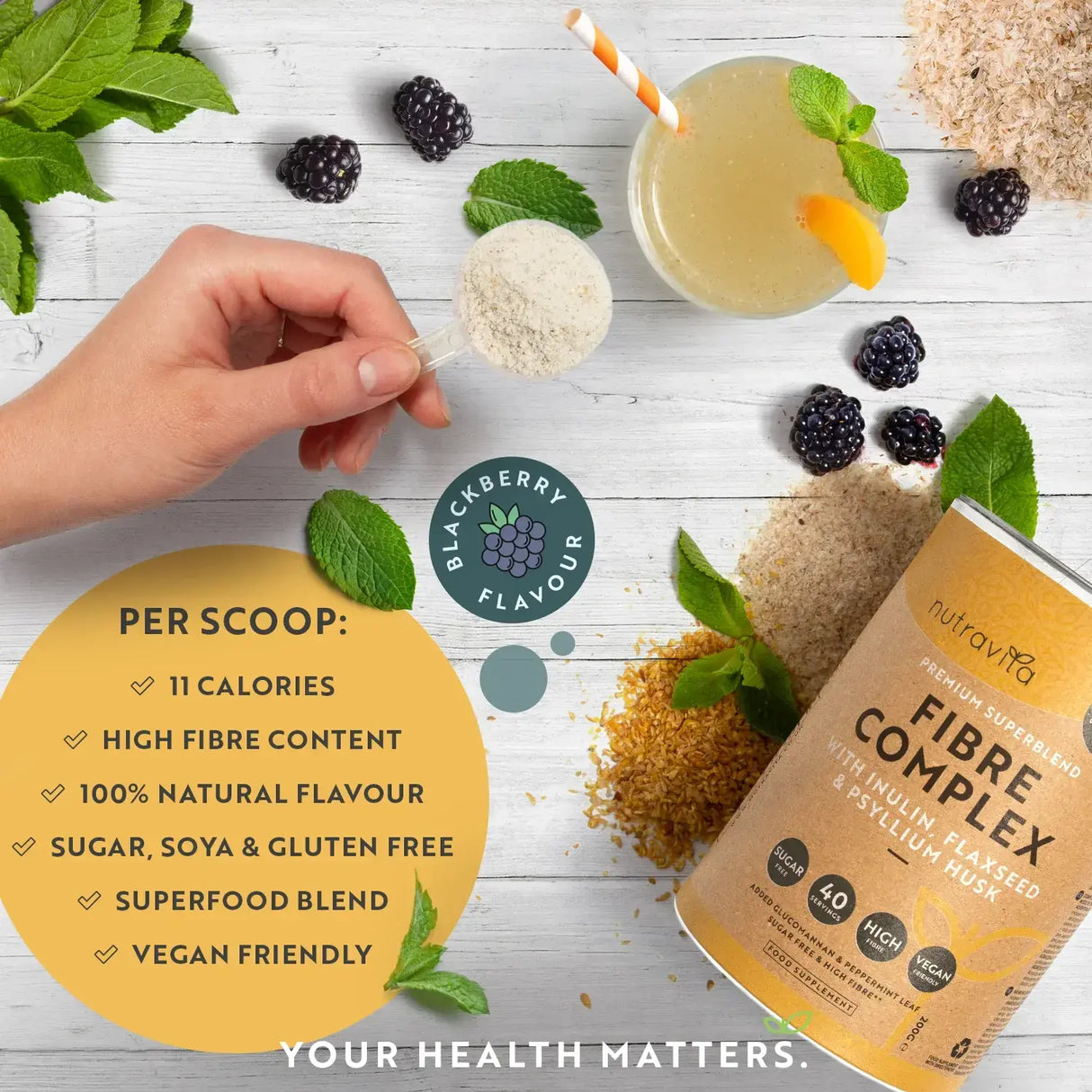 Fibre Complex Powder - BlackBerry Flavour /200 g, 40 doze/ Nutravita
