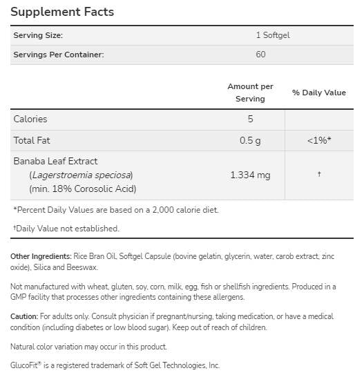 GlucoFit® | Extract de frunze de Banaba - 60 de capsule de gel