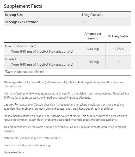 Niacină fără spălare 500 mg | Dubla putere - 180 capsule