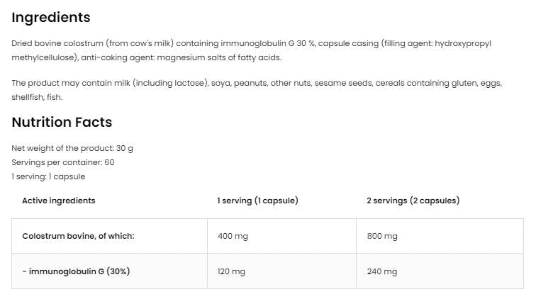 Colostru Bovine 400 mg | Imunoglobulina G 30% 60 capsule