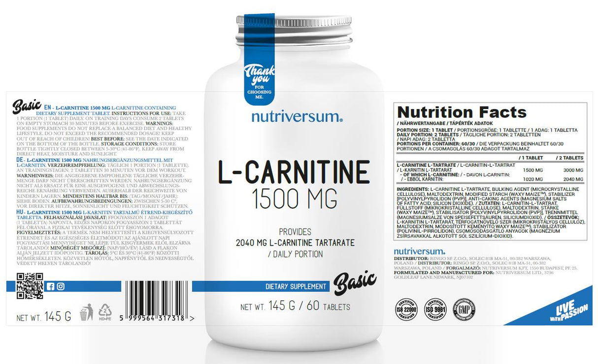 L-carnitină 1500 mg - 60 tablete