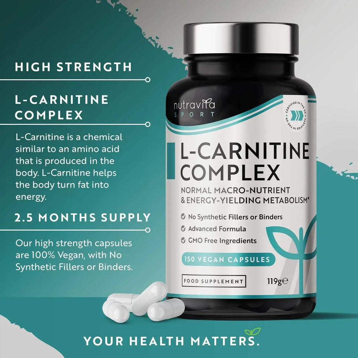 L-Carnitina /L-Tartrate/ Complex /150 capsule, 75 doze/ Nutravita