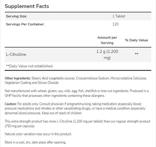 L-citrulină 1200 mg | Putere suplimentară - 120 de tablete